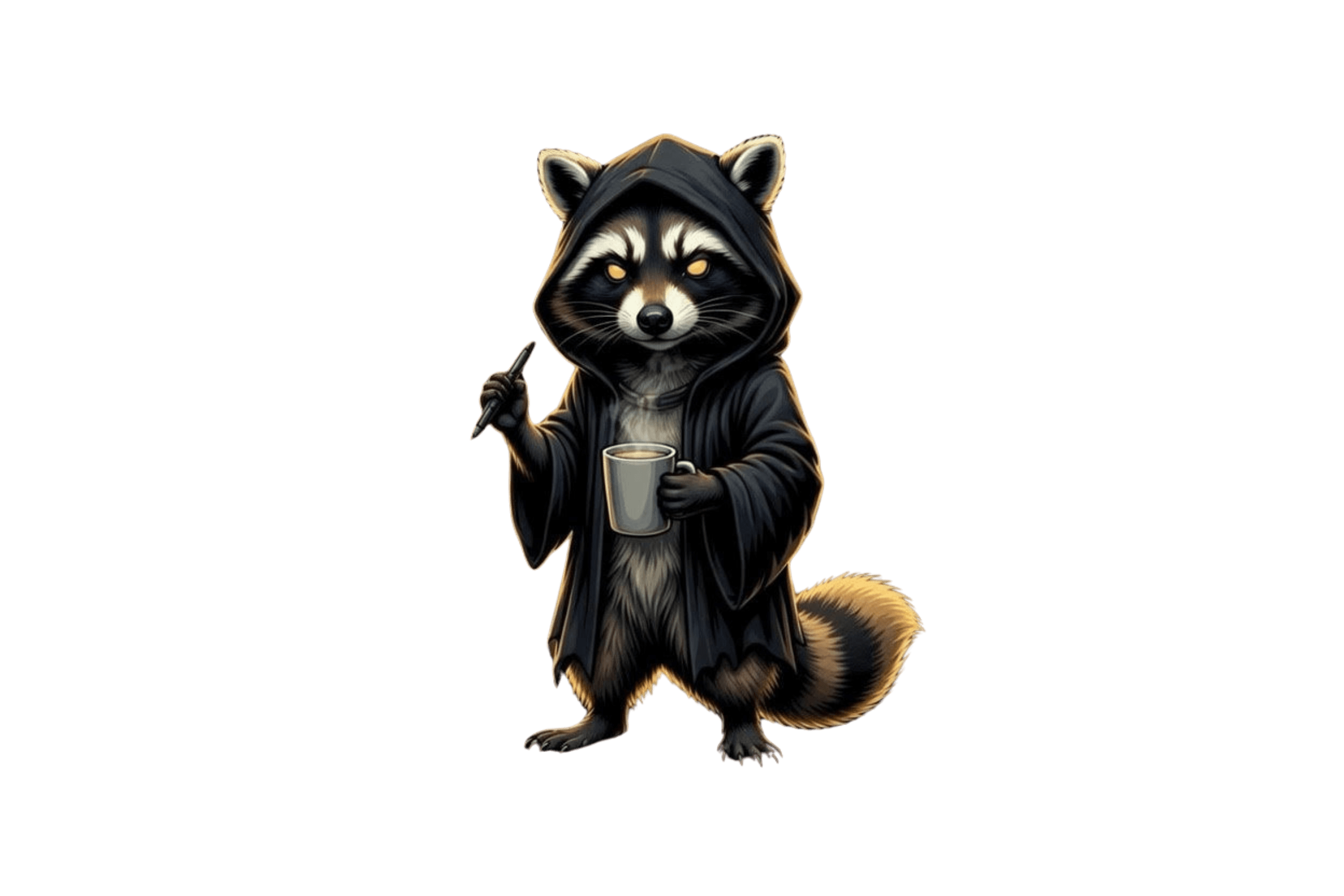 Das PhantomForge Maskottchen — ein Phantom-Waschbär mit Kapuze, Stylus und Kaffee