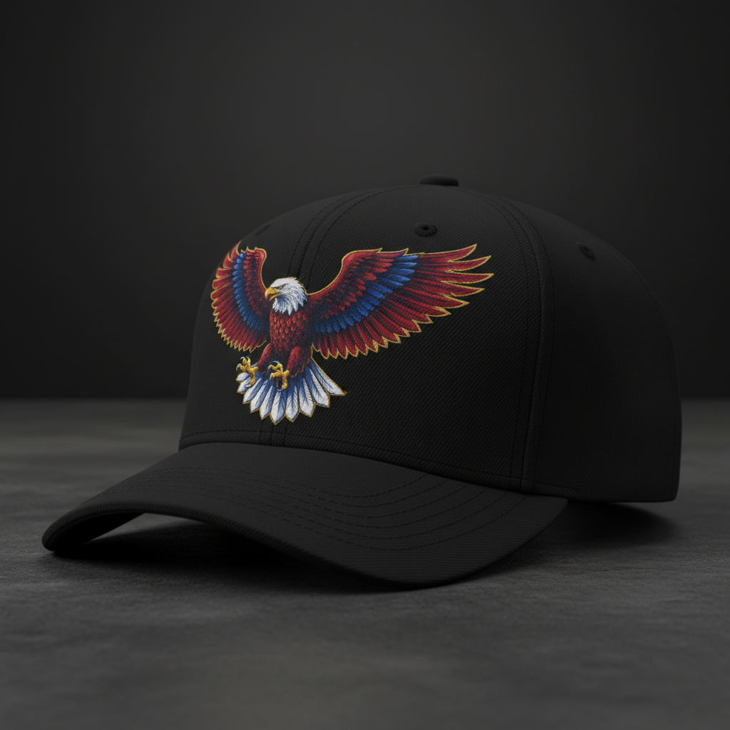 Custom printed black snapback hat with gold DTF logo transfer — structured 6-panel, phantom-soft finish