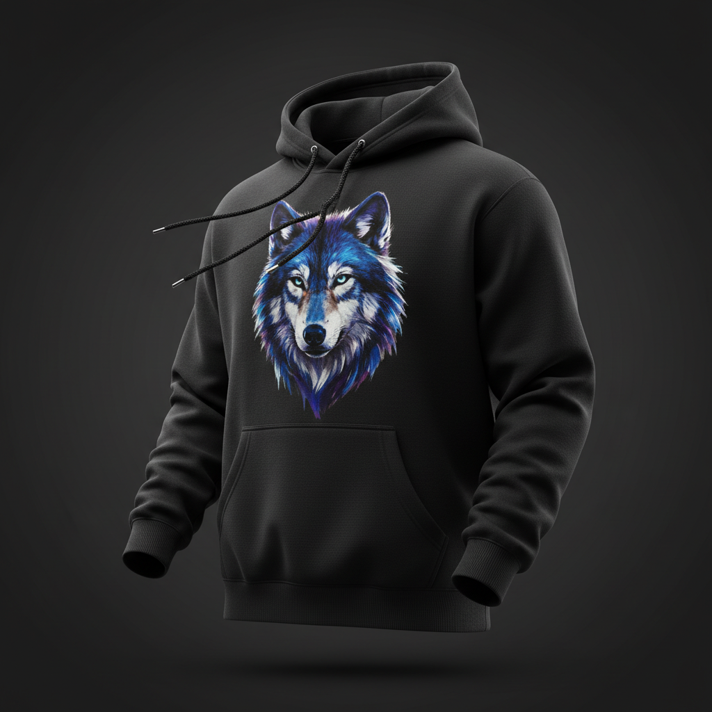 Custom printed black hoodie with gold DTF transfer — premium fleece, bulk pricing available