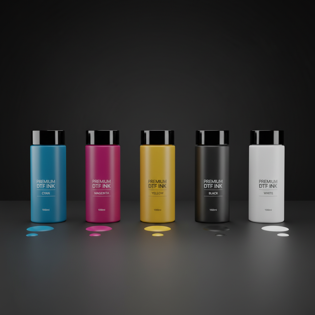 DTF ink set CMYK plus white — vibrant pigment inks for dark garments, Epson and Mimaki compatible